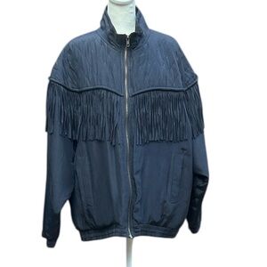Robert Stock Womens Fringe Bomber Jacket Black Silk Large